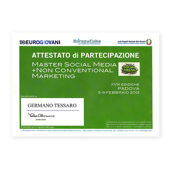 attestato di partecipazione al Master Social Media + Non Conventional Marketing